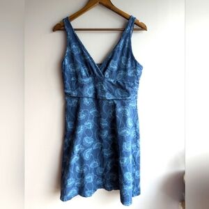 Patagonia Organic Cotton Blue Womens Mini Sun Dress Sz L Empire Waist Babydoll
